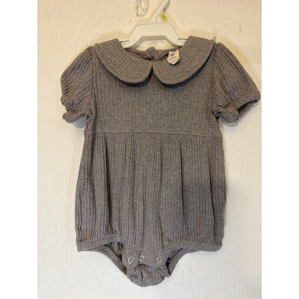 Kate Quinn Organic Cotton Ribbed Romper Gray Peter Pan Collar 12-18M